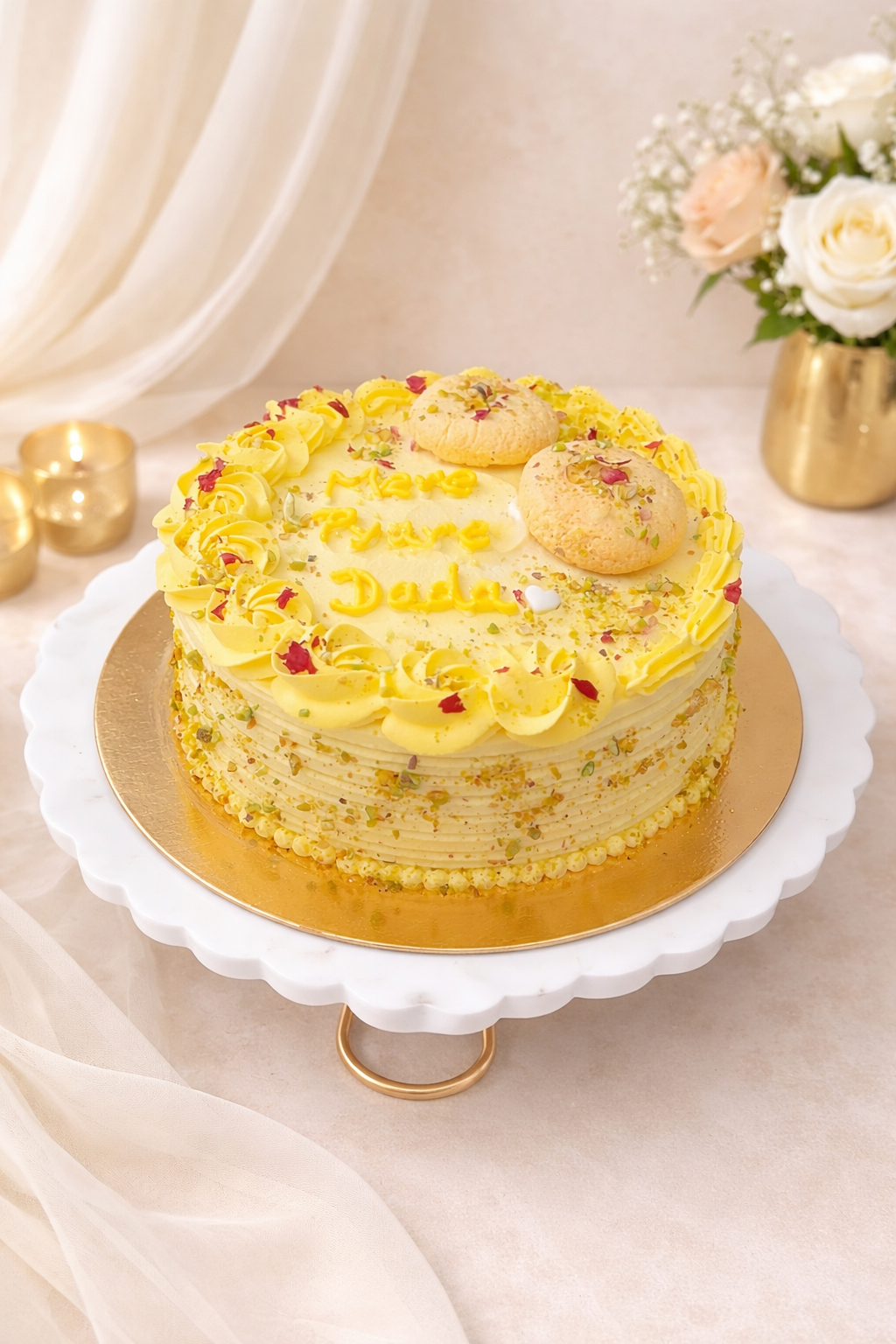 Rasmalai cake with saffron cream and yellow rose piping, topped with cookies